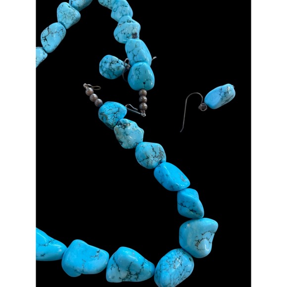 Turquoise Nugget Necklace & Drop Earrings Set Southwestern  Statement Jewelry - Picture 4 of 7